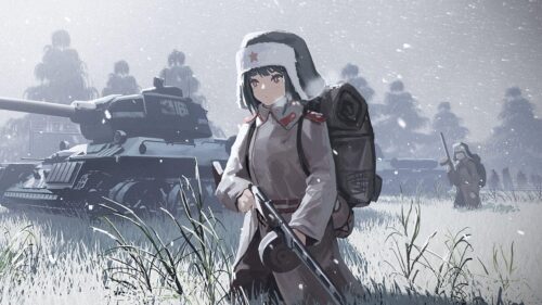 Anime Girl Soldier in Snowy Battlefield with Tanks PC Wallpaper