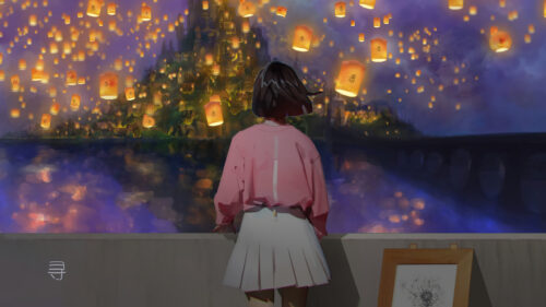 Anime Girl Watching Floating Sky Lanterns Over Magical Kingdom PC Wallpaper