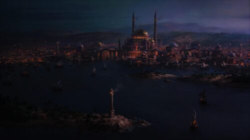 Majestic Ancient City Harbor at Night with Golden Mosque 4K Wallpaper