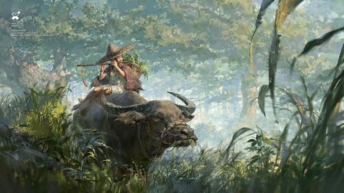 Asian Shepherd Boy Playing Flute on Water Buffalo in Lush Forest 4K Wallpaper