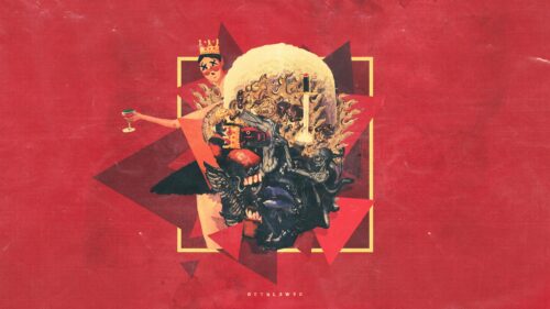Surreal Abstract Collage Art with Crowned Figure and Red Aesthetic PC Wallpaper