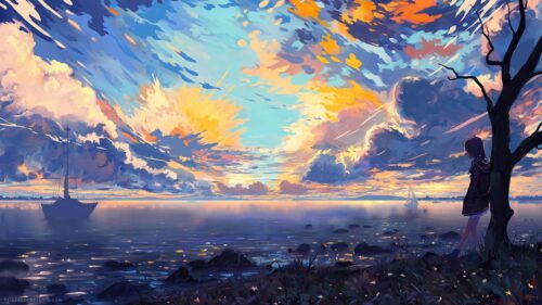 Anime Girl Watching Sunset Over Ocean Landscape 4K Wallpaper