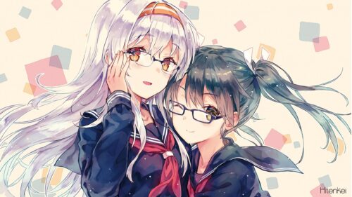 Cute Anime Schoolgirls with Glasses Aesthetic PC Wallpaper