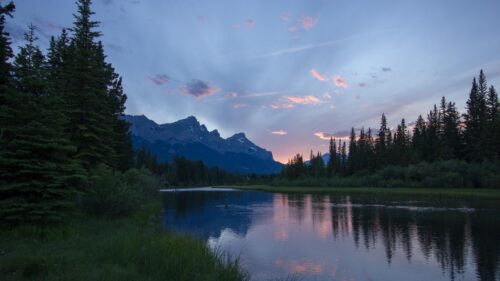Breathtaking Mountain Lake Sunset Over Pine Forest Desktop Wallpaper