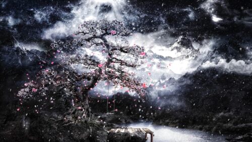 Ethereal Cherry Blossom Tree in Snowy Mountains Desktop Wallpaper