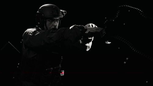 Tactical SWAT Officer Aiming Weapon in Black and White 4K PC Wallpaper