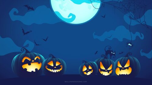 Spooky Halloween Night with Glowing Pumpkins Desktop Wallpaper