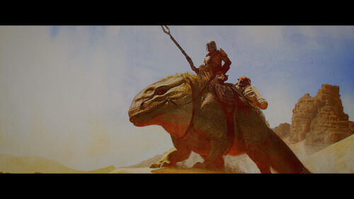 The Mandalorian Riding Blurrg Through Desert Landscapes PC Wallpaper