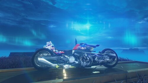 Futuristic Anime Cyber Motorcycle Under Aurora Night Sky PC Wallpaper