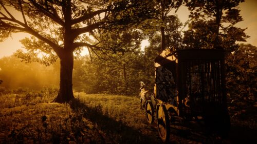 Red Dead Redemption 2 Cinematic Circus Wagon in Golden Sunset 4K Wallpaper
