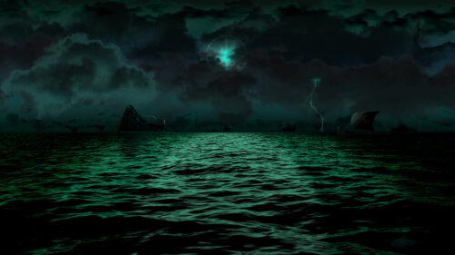 Mysterious Viking Ship on Dark Stormy Green Ocean 4K Wallpaper