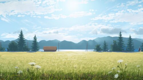 Anime Style Peaceful Countryside Meadow with Mountains and Blue Sky PC Wallpaper