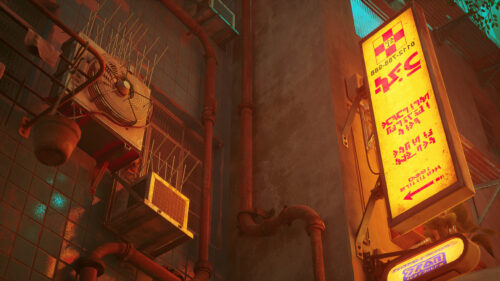 Cyberpunk City Alleyway with Neon Signs Desktop Wallpaper