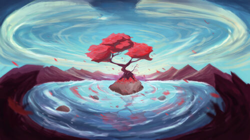 Stunning Red Bonsai Tree on Island Surreal Landscape Desktop Wallpaper