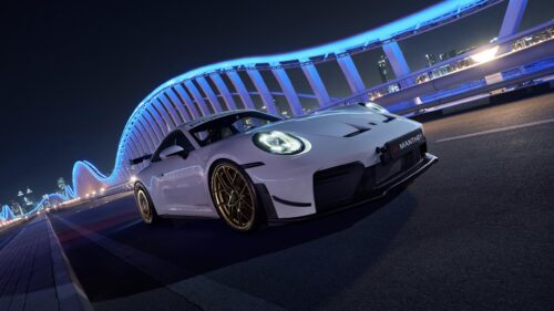 White Porsche 911 GT3 Manthey Racing on Neon Bridge PC Wallpaper