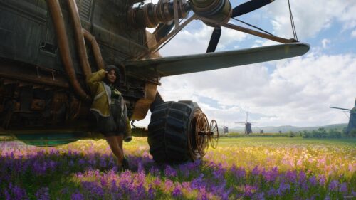 Steampunk Aviator Girl Beside Retro Aircraft Field Desktop Wallpaper
