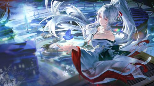 Stunning Anime Girl with Silver Hair in a Futuristic Sci-Fi City Desktop Wallpaper