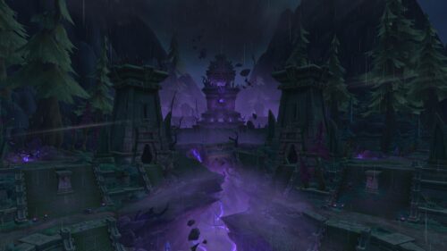 Mystical Void Temple in Dark Rainy Forest World of Warcraft 4K Wallpaper