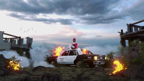 Anime Girl Sitting on Burning Police Car in Post Apocalyptic Ruins 4K Wallpaper