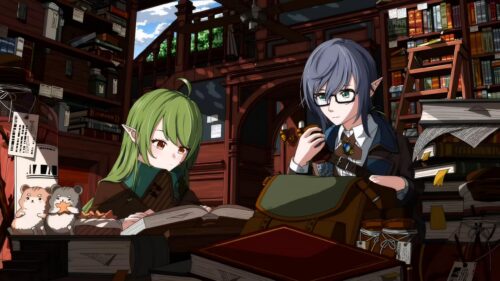 Anime Girls Reading in a Magical Library 4K PC Wallpaper