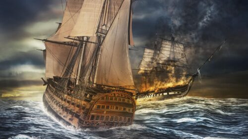Epic Naval Battle Pirate Ship Burning at Sea 4K Desktop Wallpaper