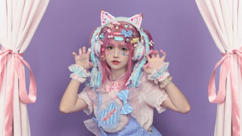 Cute Pastel Aesthetic Girl with Cat Headphones PC Wallpaper