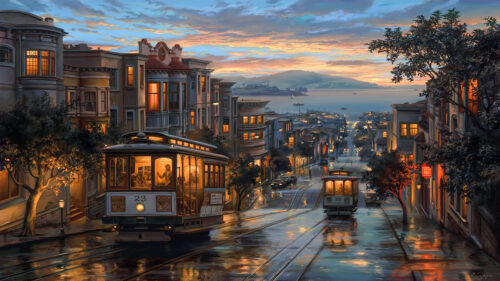 San Francisco Sunset Cable Car Cityscape 4K Desktop Wallpaper