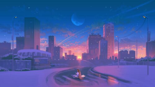 Aesthetic Anime Girl Sitting Alone in a Dreamy City Sunset Desktop Wallpaper