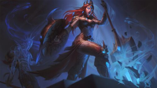 Fierce Red Haired Warrior Queen with Glowing Blue Trident 4K Desktop Wallpaper