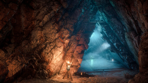 Mysterious Ancient Cave Temple with Futuristic Glowing Portal PC Wallpaper