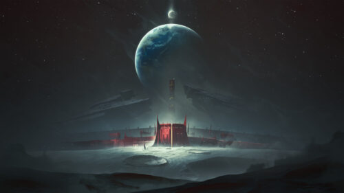 Epic Sci-Fi Space Fortress on Alien Planet 4K Wallpaper