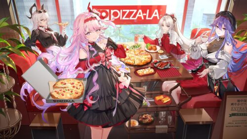 Anime Girls Having Pizza Party Lunch Desktop Wallpaper