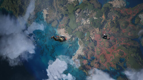Skydivers Over Tropical Island Paradise Aerial View 4K Wallpaper