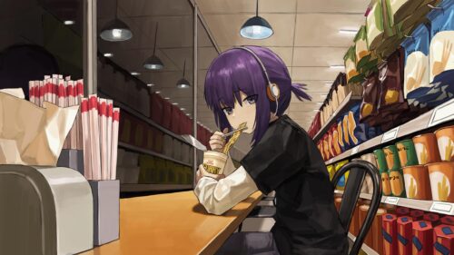 Anime Girl Eating Ramen in Convenience Store Aesthetic 4K Wallpaper