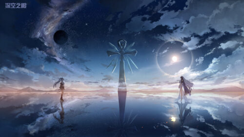 Aether Gazer Fantasy Anime Girls Under Celestial Night Sky 4K Wallpaper