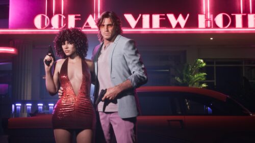 Retro 80s Crime Couple Neon Ocean View Hotel 4K Wallpaper