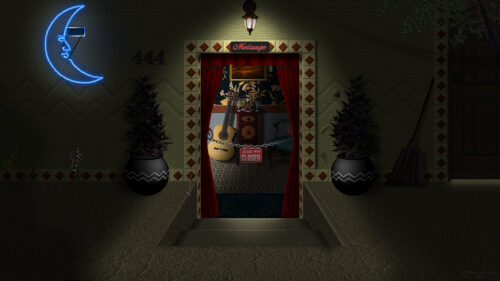 Mysterious Night Entrance with Melange Sign and Acoustic Guitar 4K PC Wallpaper