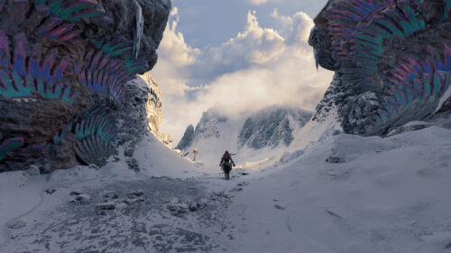Aloy Exploring Frozen Snowy Mountains in Horizon Forbidden West 4K Wallpaper