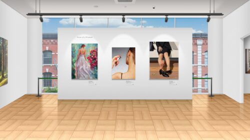 Modern Art Gallery Interior with Elegant Female Paintings 4K Wallpaper