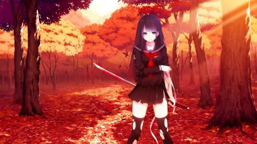 Anime Girl with Katana Sword in Autumn Forest 4K PC Wallpaper