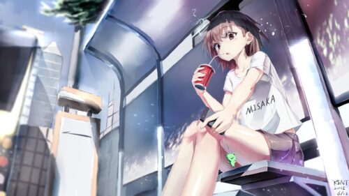 Misaka Mikoto Drinking Soda at the Bus Stop Anime 4K Wallpaper