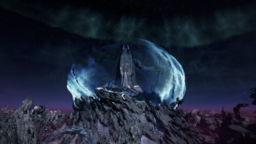 Mysterious Alien Spire Under Energy Shield Desktop Wallpaper