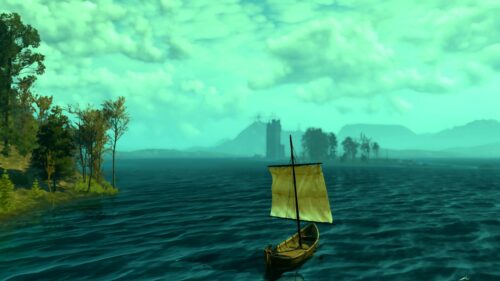 Sailboat Sailing on Calm Lake Towards Distant Castle Desktop Wallpaper