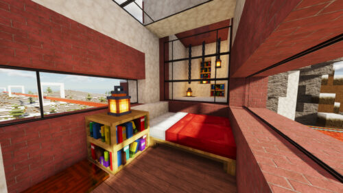 Cozy Modern Minecraft Bedroom Interior with Lantern and Bookshelf PC Wallpaper