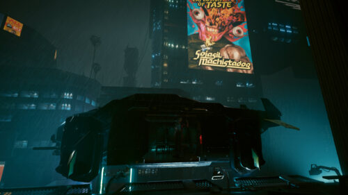 Cyberpunk Rainy Night Cityscape with Flying Vehicle PC Wallpaper