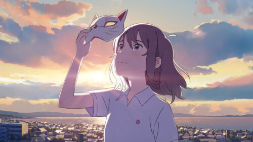 Anime Girl Holding Kitsune Mask at Sunset Aesthetic PC Wallpaper