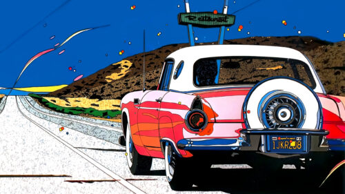 Vintage Classic Car Driving on Desert Highway Pop Art Style PC Wallpaper