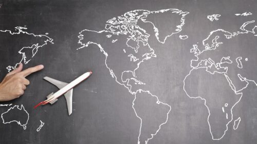 Chalkboard World Map with Toy Plane Travel Desktop Wallpaper