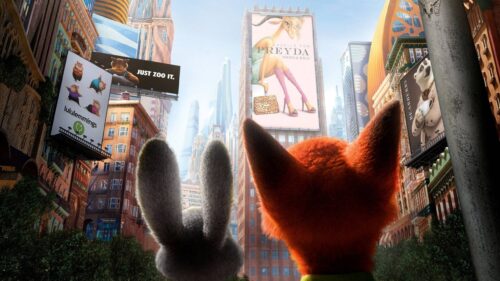 Vibrant Zootopia Cityscape featuring Judy Hopps and Nick Wilde 4K Desktop Wallpaper