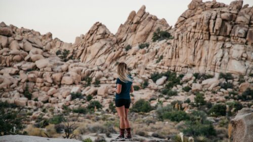 Woman Standing Before Majestic Joshua Tree Desert Rock Formations 4K Wallpaper